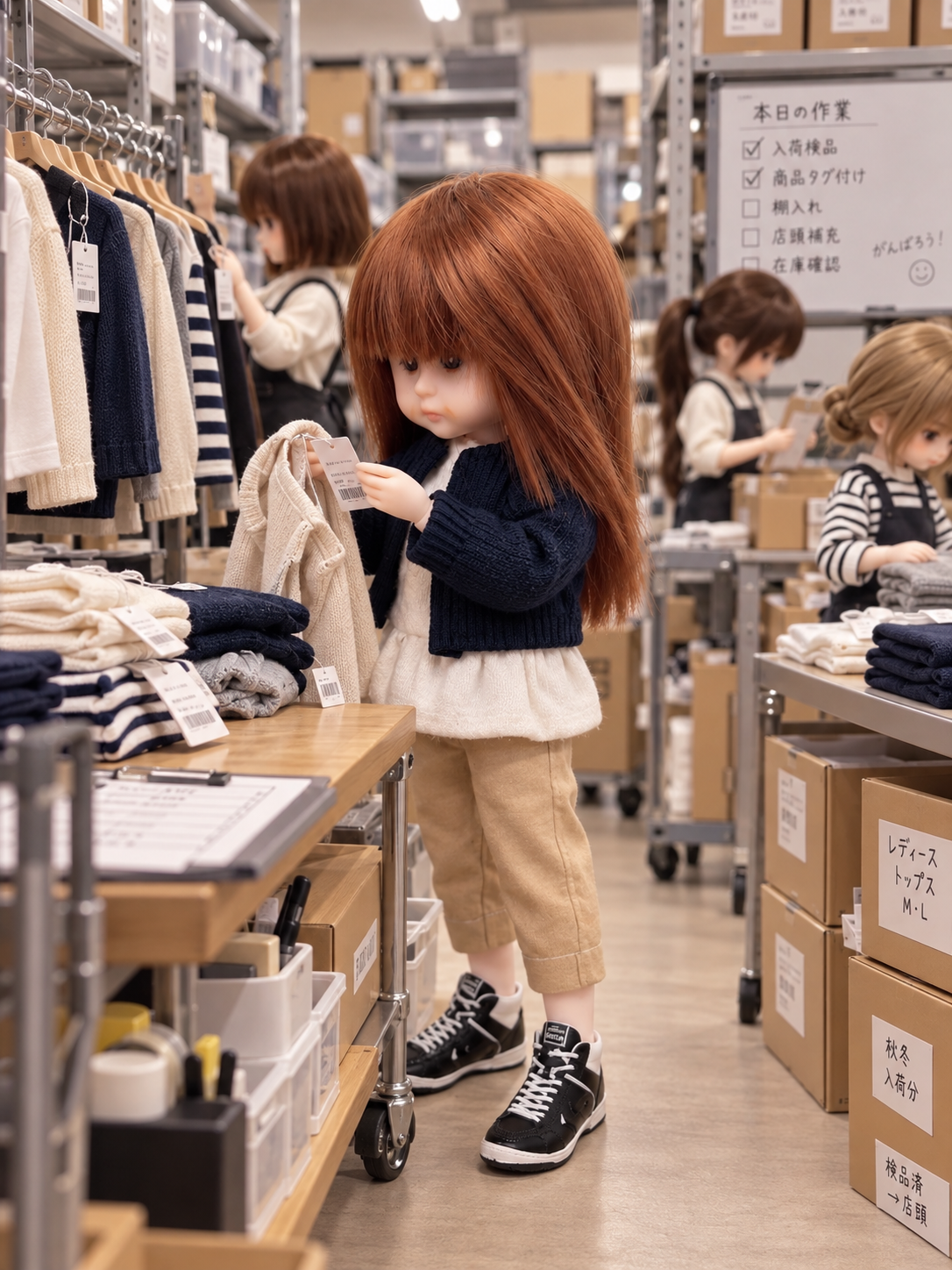バックルームで検品作業をするミルキちゃんとスタッフたち