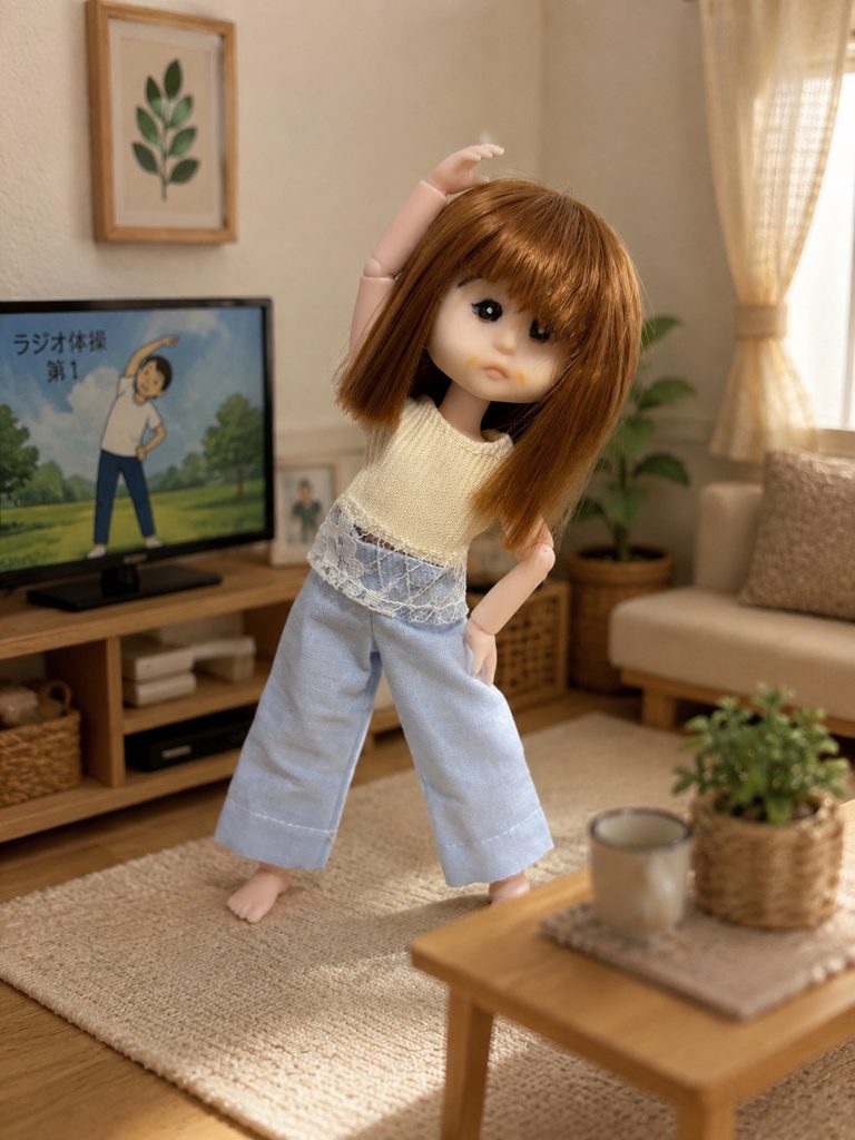 テレビのラジオ体操に合わせてストレッチするミルキちゃん