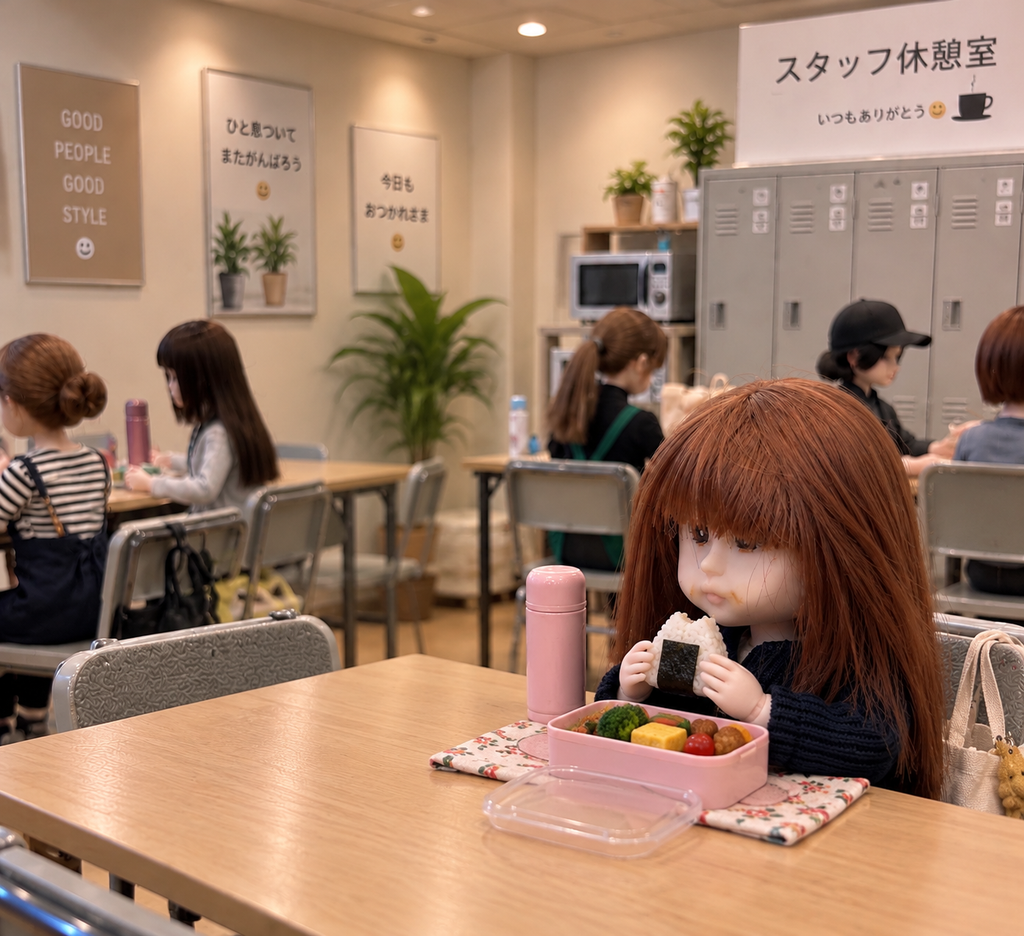スタッフ休憩室でひとり、おにぎりを食べているミルキちゃん