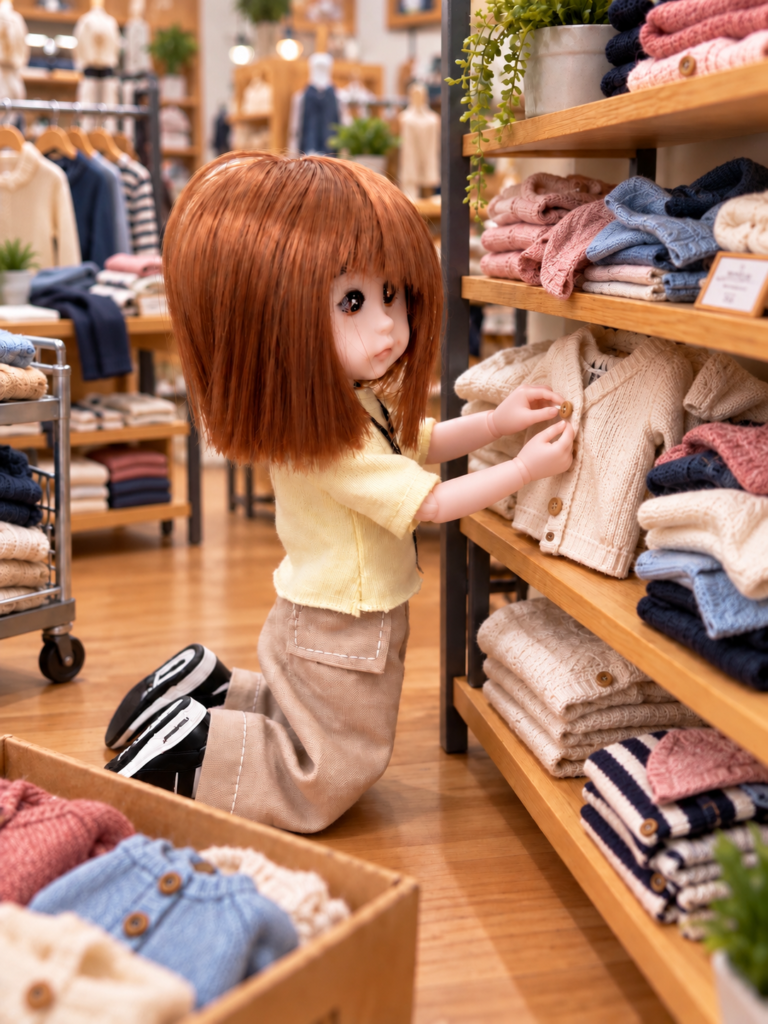膝をついて棚の商品を整えているミルキちゃん