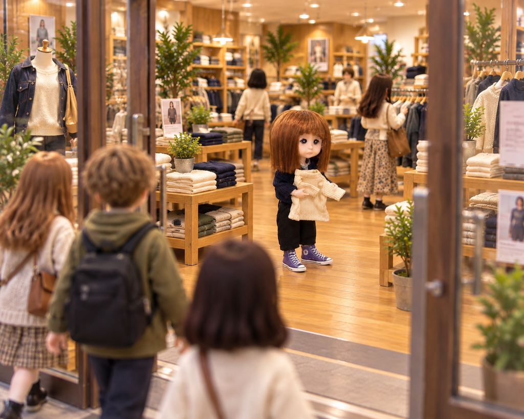 店の外から見た売り場に立つミルキちゃん