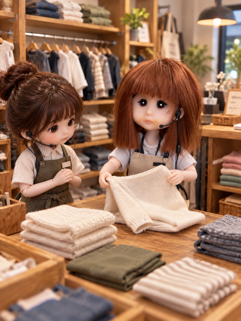 インカムをつけて新人スタッフにたたみ方を教えるミルキちゃん