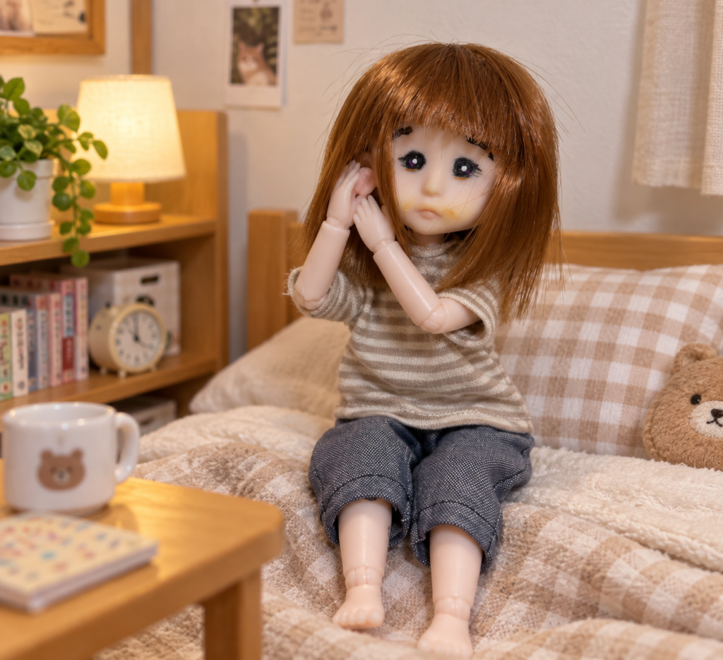ベッドに座って耳をマッサージしているミルキちゃん