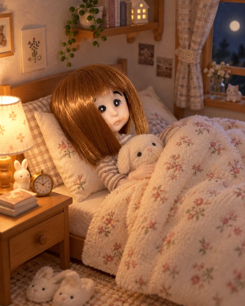夜のベッドで眠るミルキちゃん