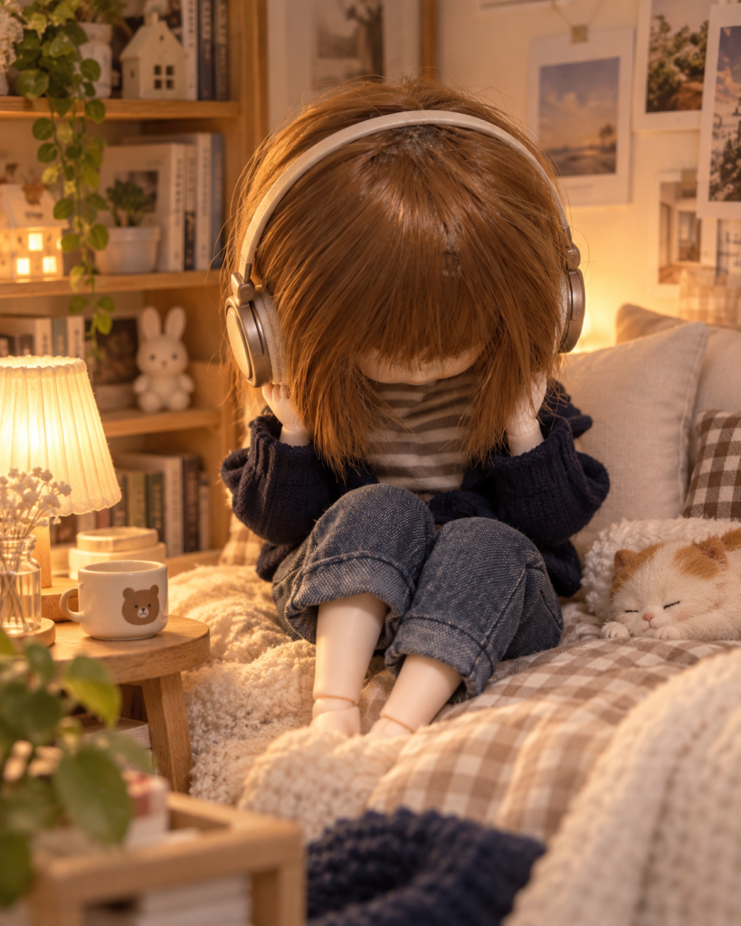 ヘッドホンをして、ひざを抱えてうつむいているミルキちゃん