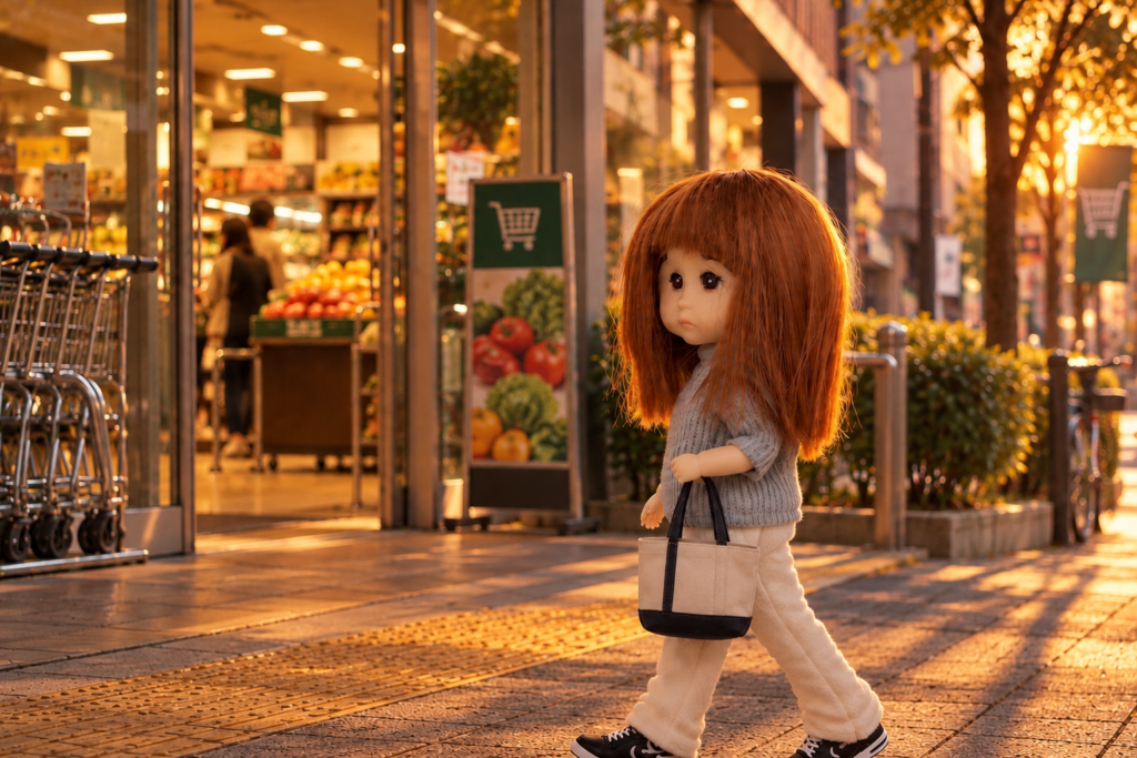 夕方、買い物に出かけるミルキちゃん