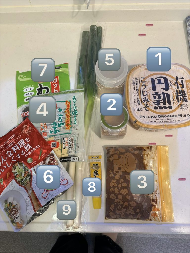 味噌玉の材料9つ。味噌、すりごま、酒粕、こうや豆腐、本だし、乾燥野菜、わかめ、しょうが、長ねぎ