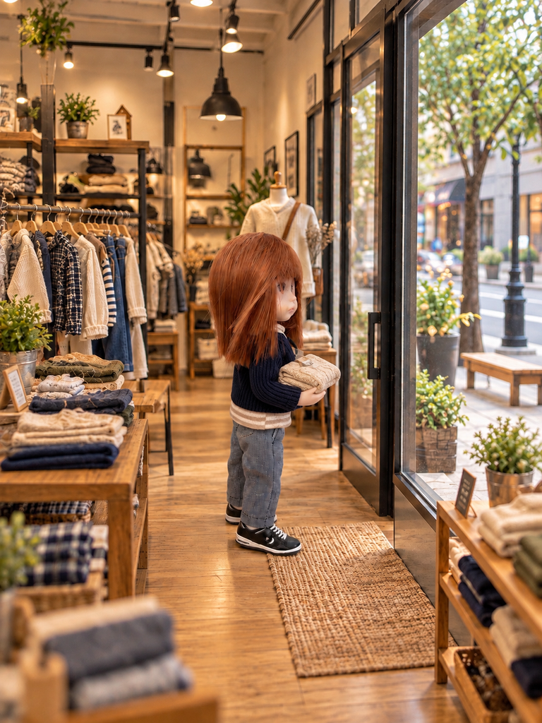 たたんだ服を持って店の外を見ているミルキちゃん